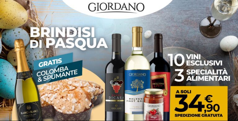 Giordano Vini: Il brindisi di Pasqua con 10 vini esclusivi, 3 specialità alimentari, spumante Blanc de Clancs dry e una colomba della tradizione a soli 34,90€