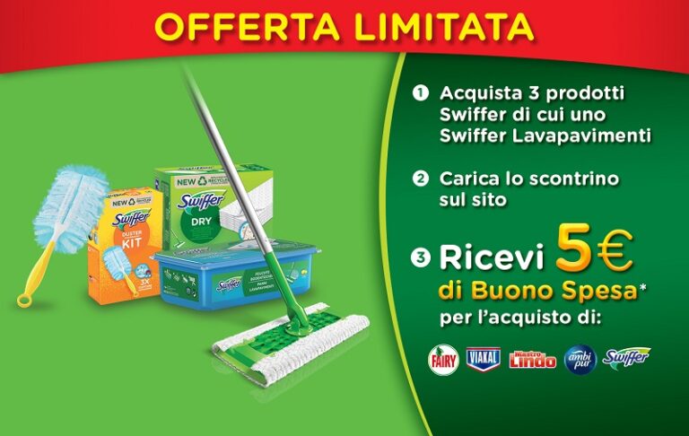 Concorso Buoni spesa Swiffer: vinci un buono spesa da 5€ con l’acquisto di 3 prodotti Swiffer.