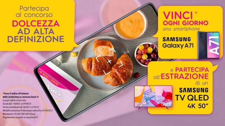 Concorso Bauli “Dolcezza ad alta definizione”: puoi vincere Samsung Galaxy A71 e Samsung TV QLED 4K