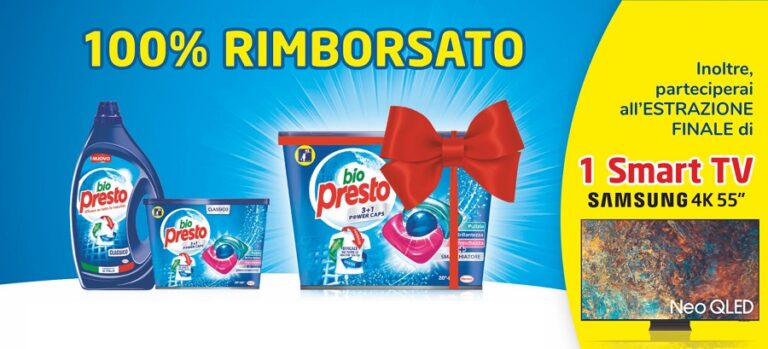 “100% rimborsati con Bio Presto” e partecipi all’estrazione finale di 1 Smart TV Samsung 4K 55″