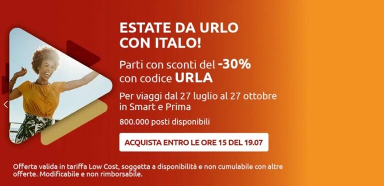 “Estate da urlo” con Italo: Sconti fino al -30% con il codice Promo URLA | Luglio 2021