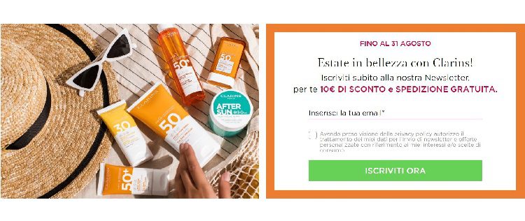 Clarins: se ti iscrivi alla Newsletter ottieni 10€ di sconto e spedizione gratuita sul tuo prossimo ordine!