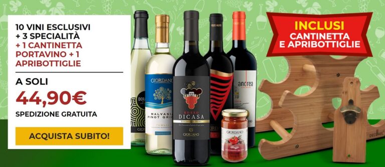 Offerta esclusiva Giordano Vini : 10 vini esclusivi, 3 gustose specialità e 1 cantinetta portavino + 1 apribottiglie incluso nel prezzo