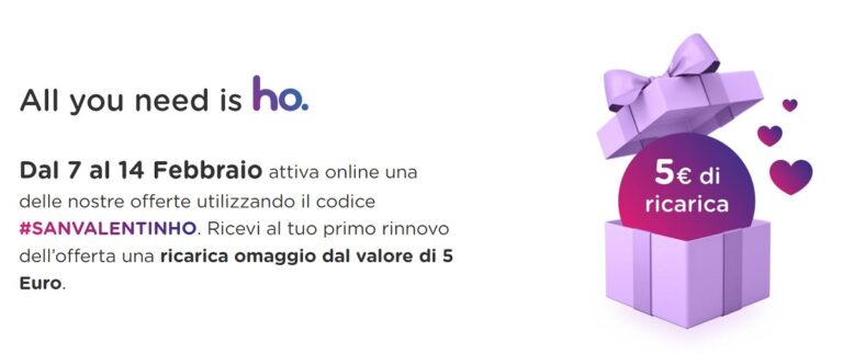 Offerta San Valentino Ho. Mobile: 5 euro di ricarica ai nuovi clienti, ecco i dettagli