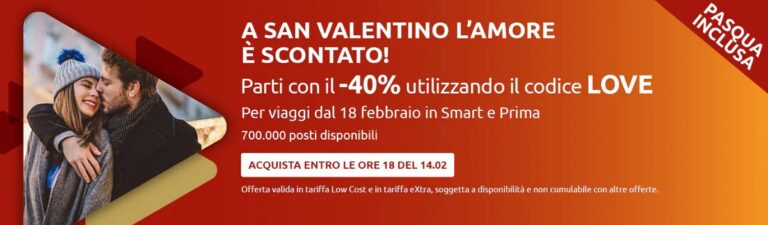 Italo Treno: viaggi dal 18 febbraio fino a Pasqua compresa con uno sconto del 40%, usa il codice LOVE