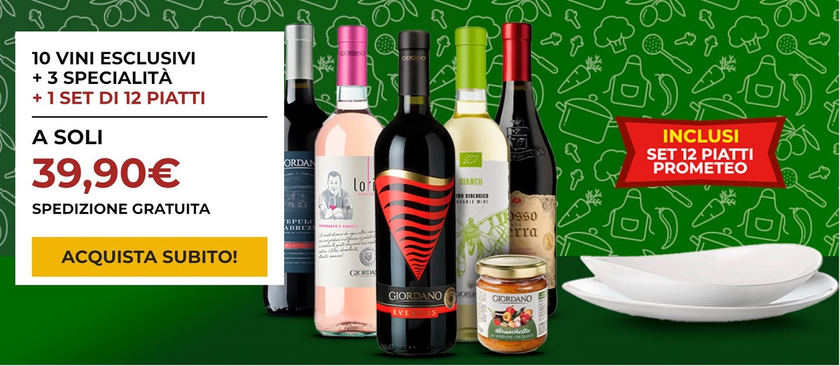 Offerta Giordano Vini con set piatti Prometeo in omaggio