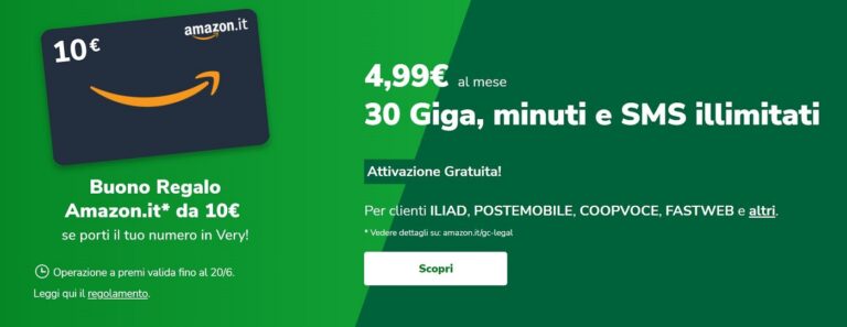 Passa a Very Mobile e ricevi in regalo un buono Amazon da 10€