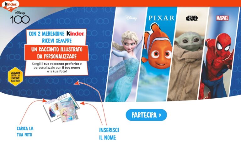 Con Kinder ricevi un racconto illustrato Disney 100 da personalizzare
