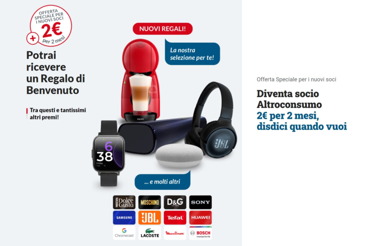 Prova Altroconsumo a 2€ per i primi 2 mesi e scegli il tuo regalo di benvenuto