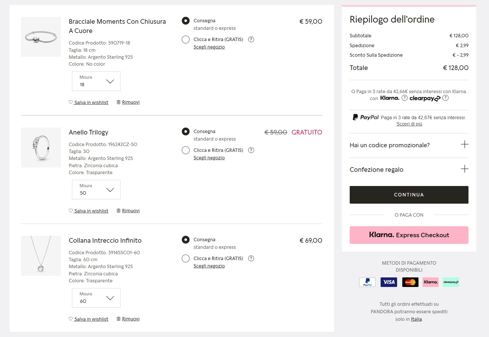 Promozione Pandora San Valentino - Carrello