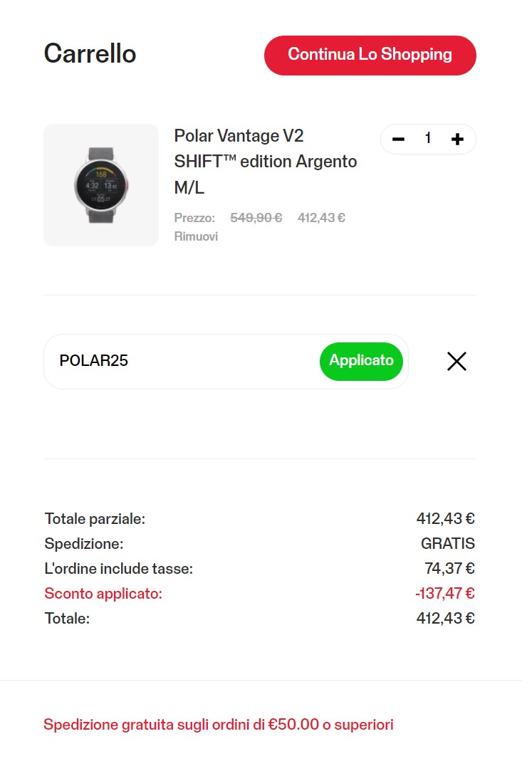 Applicazione codice sconto promozione Polar 