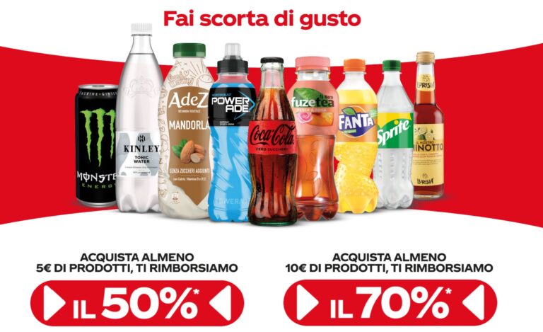Promo “Fai scorta di gusto”: acquista almeno 5€ o 10€ di prodotti del Gruppo Coca-Cola e richiedi fino al 70% di cashback!