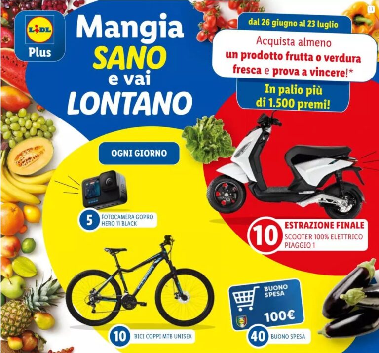 Concorso Lidl “Mangia SANO e vai LONTANO” in palio Fotocamere Go Pro Hero11 Black,  Biciclette Coppi MTB Unisex, Buoni Spesa Lidl e Scooter elettrici Piaggio