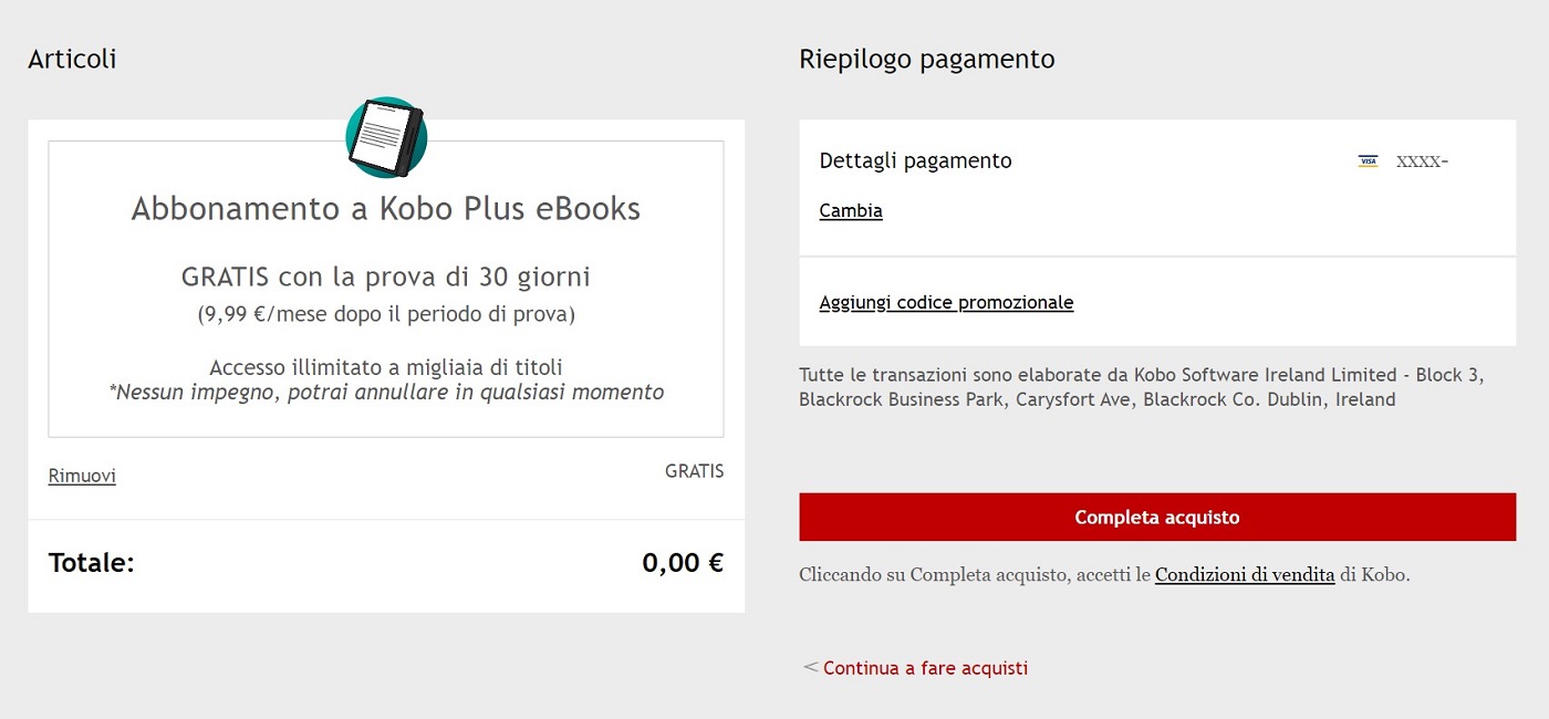 Conferma attivazione Kobo Plus ebook