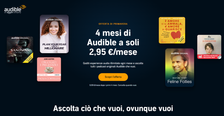 Promozione Audible: abbonati ora e ottieni i primi 4 mesi a soli 2,95€ al mese!