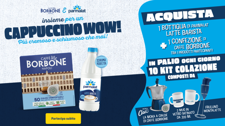 Cappuccino WOW 2025 Parmalat e Caffè Borbone: come partecipare e vincere kit colazione