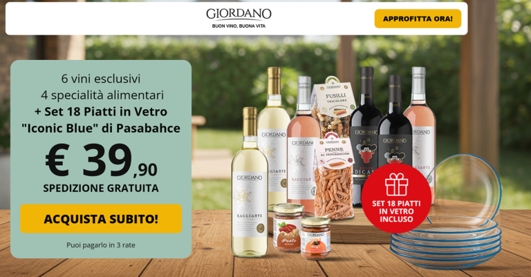Giordano vini: 6 vini esclusivi + 4 specialità alimentari + set 18 Piatti in Vetro “Iconic Blue” di Pasabahce