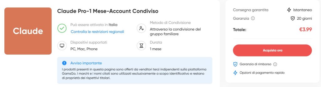 Prezzo abbonamento Claude 1 mese GamsGo