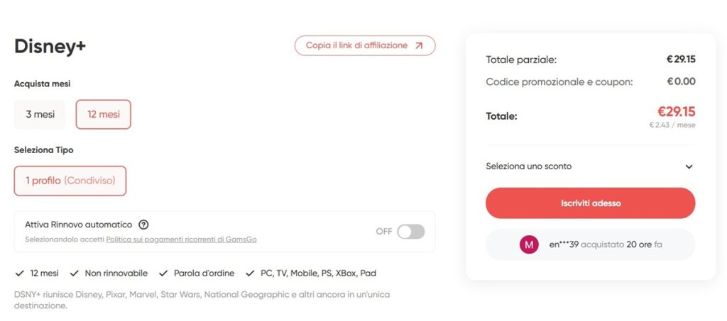 Disney plus - Offerta GamsGo