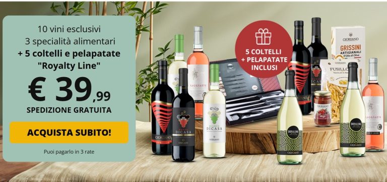 Offerta Giordano Vini a 39,99 euro: 10 vini, 3 specialità e un set Royalty Line con 5 coltelli più pelapatate
