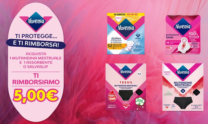 Cashback Nuvenia 2026: rimborso 5€ con mutandina e assorbente