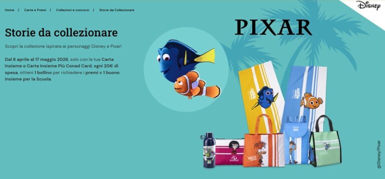 Conad raccolta bollini Disney e Pixar 2026: tutti i premi “Storie da Collezionare”