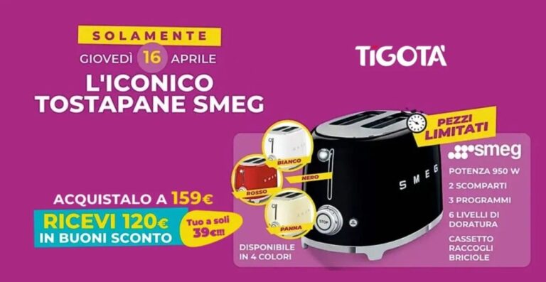 Cashback Tigotà: tostapane SMEG a soli 39€ il 16 aprile