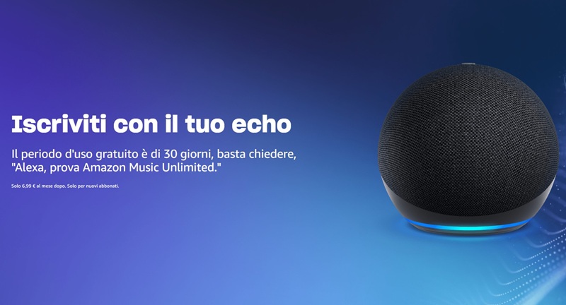 con Amazon echo gratis 30 giorni di music unlimited