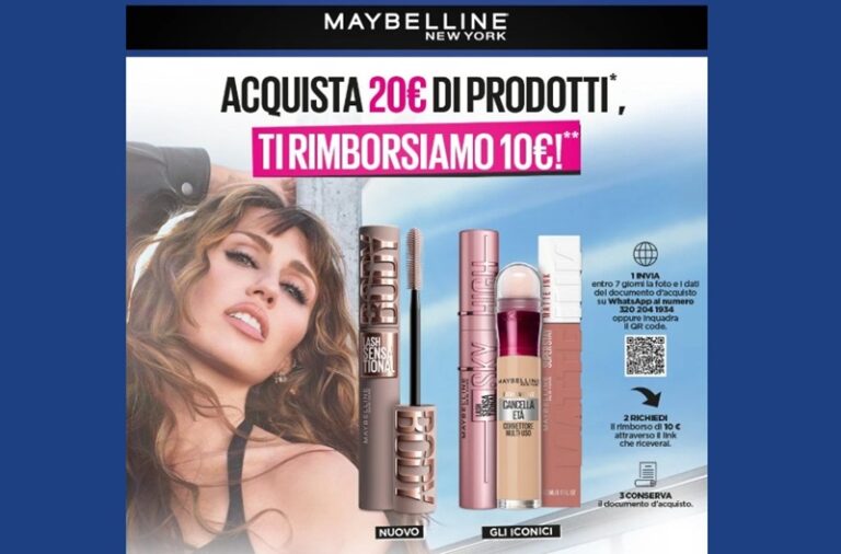 Cashback Maybelline New York 2026: 10€ di rimborso con 20€ di make-up