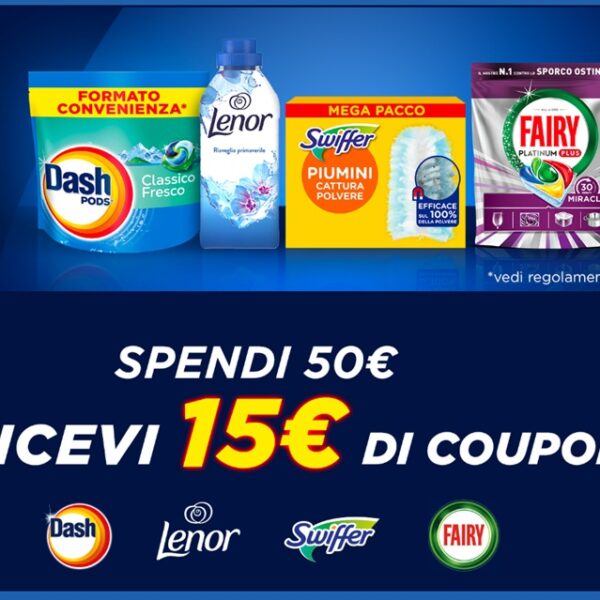 Amazon P&G: spendi 50€ e ricevi 15€ di coupon su Dash, Lenor, Fairy e Swiffer