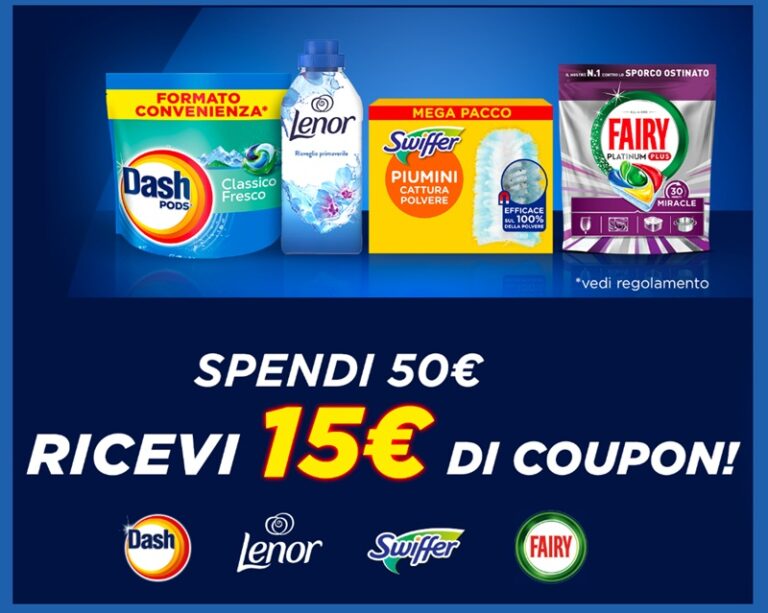 Amazon P&G: spendi 50€ e ricevi 15€ di coupon su Dash, Lenor, Fairy e Swiffer