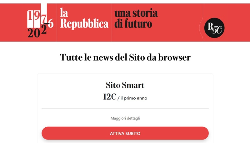 la Repubblica 1 anno a 12€ con l'abbonamento Sito Smart: offerta valida solo fino al 6 agosto. Scopri cosa include e come attivarla oggi.