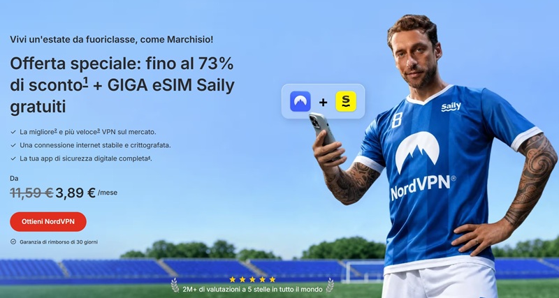 Offerta NordVPN estate 2026: fino al 73% di sconto sui piani biennali e GIGA gratis sull'eSIM Saily per viaggiare. Scopri i piani e attiva la promo ora.