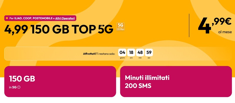 Offerta Kena 150 GB in 5G a 4,99€ al mese con minuti illimitati e 200 SMS. Attivazione e SIM gratis su rete TIM. Solo a tempo: scopri come attivarla ora.