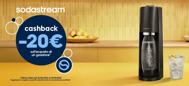 Cashback SodaStream 2026: acquisti un gasatore aderente e ricevi 20€ di rimborso su conto o PayPal. Scopri modelli validi e come richiederlo entro il 13 settembre.