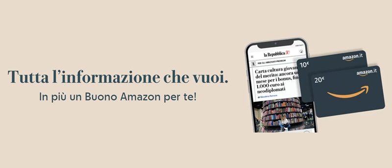Abbonati a la Repubblica entro il 7 settembre e ricevi un buono regalo Amazon fino a 20 euro. Scopri le formule Smart, Premium e Quotidiano Digitale.
