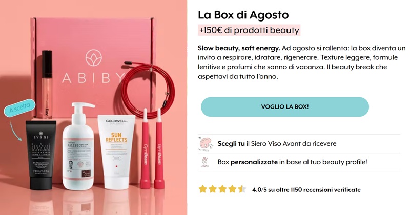 Abiby Beauty Box di Agosto "Beauty Slowdown" a soli 9,90€ invece di 95€ con abbonamento 6 mesi. Fino a 4 prodotti in omaggio. Approfitta subito!