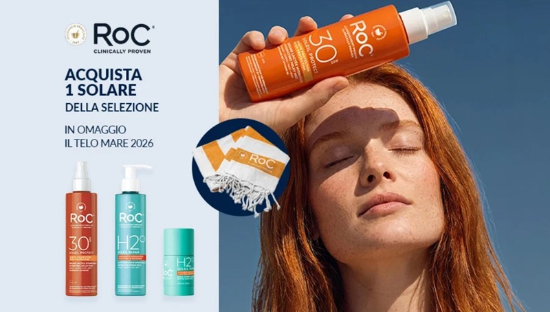 Acquista un solare RoC su Semprefarmacia e ricevi il telo mare 2026 in omaggio. Fino al 49% di sconto sui migliori solari SPF. Solo fino al 18 agosto.