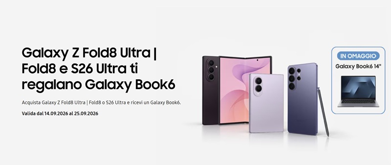 Offerta Galaxy Z Fold8 e Fold8 Ultra sul sito Samsung: fino a 1033€ di sconto con coupon GALAXY4U e un Galaxy Book6 in omaggio. Solo fino al 25/09!